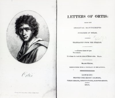 Frontispice van The Letters of Ortis door Niccolo Ugo Foscolo, editie gepubliceerd in 1818 door English School