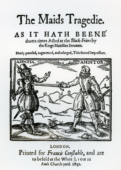Frontispice van The Maids Tragedy door Sir Francis Beaumont (1584-1616) en John Fletcher (1579-1625) 1622 door English School