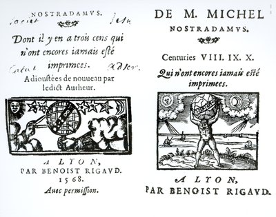 Frontispice voor De Voorspellingen van M. Michel Nostradamus, gepubliceerd door Benoist Rigaud, 1568 door English School
