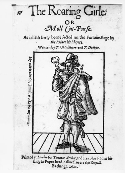 Frontispice van The Roaring Girle of Moll Cut-Purse door Thomas Middleton (1580-1627) en Thomas Dekker (c.1570-1632) 1611 door English School