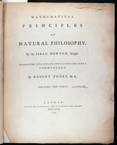 Frontispice van Deel I van De wiskundige principes van de natuurfilosofie door Sir Isaac Newton (1642-1727) 1777 door English School
