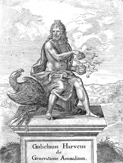 Frontispice van William Harveys De Generatione Animalium, gepubliceerd in 1651 door English School
