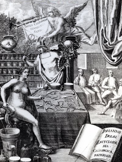 Frontispice voor een Encyclopedie van Chirurgische Gedachten door John Dolaeus door English School