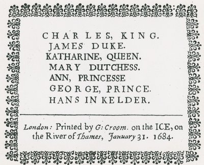Frost Fair op de Theems, gedrukt souvenir voor koning Karel II en familie, 1684 door English School