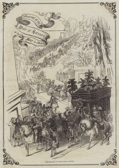 Begrafenis van de Hertog van Sussex, 4 mei 1843, de Processie in Kensal-Green Begraafplaats (gravure) door English School