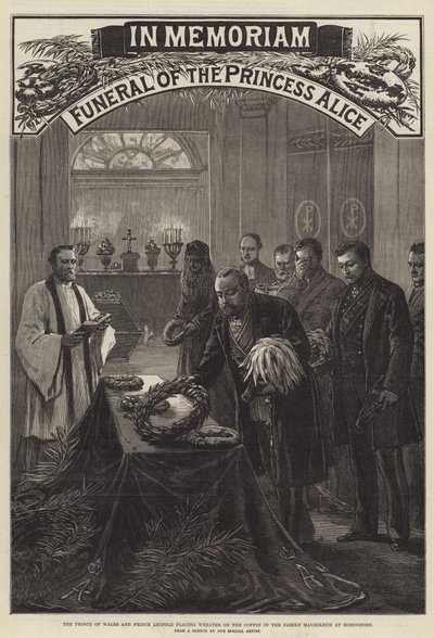 Begrafenis van prinses Alice, de prins van Wales en prins Leopold leggen kransen op de kist in het familiegraf op Rosenhohe (gravure) door English School