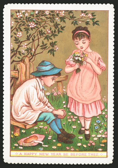 Meisje met Bloemen praat met zittende Jongen, Nieuwjaarskaart door English School