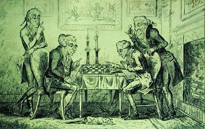 Schaakspel, gegraveerd door George Cruikshank, gepubliceerd op 1 augustus 1835 door English School