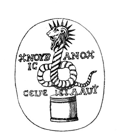 Edelsteen die het Egyptische Gnostische zonne-icoon van Chnoubis uitbeeldt door English School