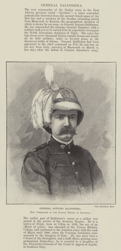 Generaal Antonio Baldissera, nieuwe commandant van de Italiaanse troepen in Abessinië (gravure) door English School