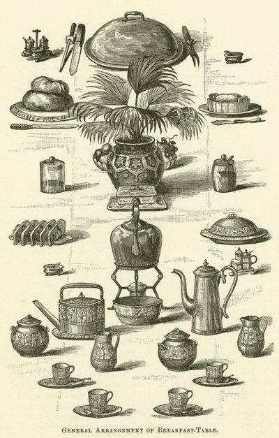 Algemene opstelling van ontbijttafel (gravure) door English School