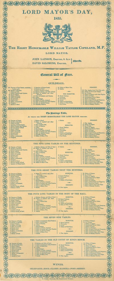 Algemeen menu voor Lord Mayors Day, Guildhall, Londen, 9 november 1835 door English School
