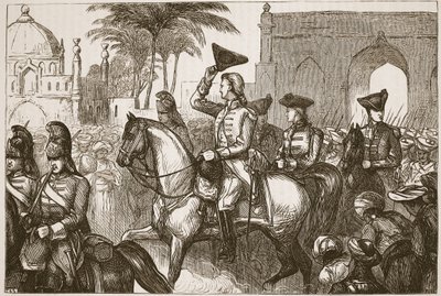 Generaal Goddard betreedt Surat, illustratie uit Cassells Geïllustreerde Geschiedenis van India door James Grant, uitgegeven 1879 door English School