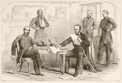 Generaal Joseph Eggleston Johnston geeft het leger van Tennessee over aan Generaal William Tecumseh Sherman (litho) door English School