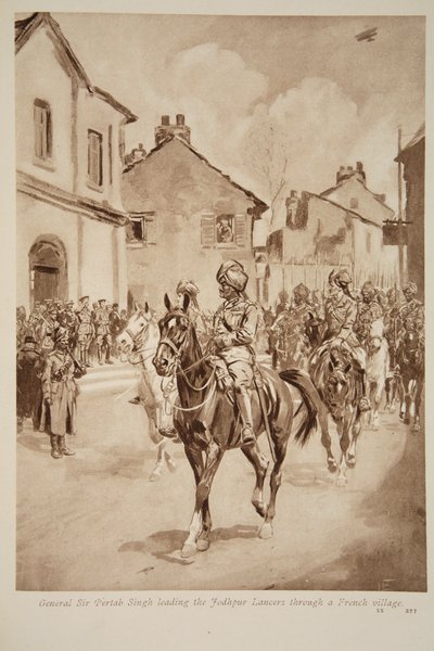 Generaal Sir Pertab Singh leidt de Jodhpur Lancers door een Frans dorp door English School