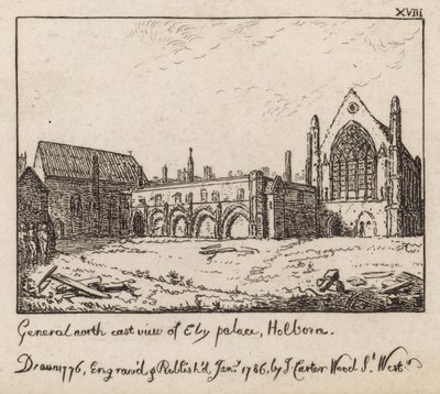 Algemeen noordoostelijk uitzicht van Ely Palace, Holborn door English School