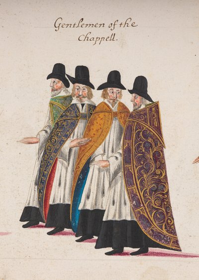 Heren van de kapel, detail van een deel van de begrafenisstoet van koningin Elizabeth I naar Westminster Abbey, 28 april 1603 door English School
