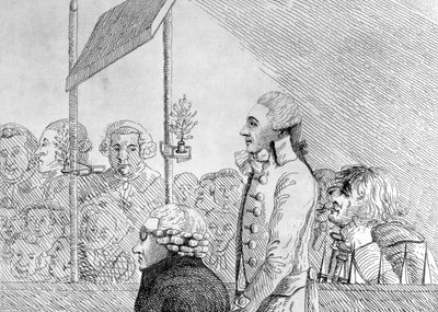 George Barrington getekend uit het leven tijdens zijn proces in de Old Bailey op vrijdag 17 september door English School