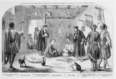 George Curzon inspecteert boeken in de Abessijnse bibliotheek in het klooster van Souriani, uit Visits to Monasteries in the Levant, gepubliceerd in 1849 door English School