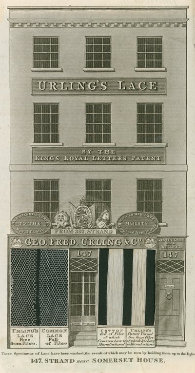 George Frederick Urling & Co, kantverkopers, 147 Strand, nabij Somerset House, Londen door English School