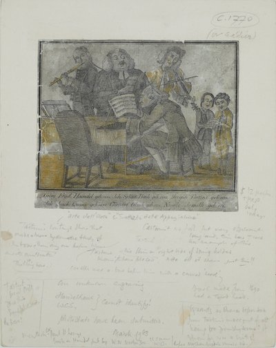 George Frideric Handel, Johann Sebastian Bach, Giuseppe Tartini, Johann Joachim Quantz, Christoph Gluck, Nicolo Jomelli, ca. 1750 (handgekleurde gravure) door English School