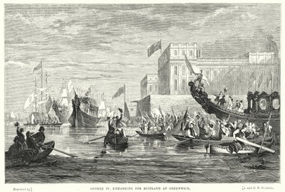 George IV vertrekt naar Schotland in Greenwich (gravure) door English School