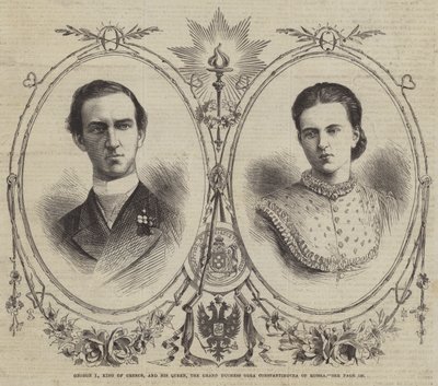 George I, koning van Griekenland, en zijn koningin, de groothertogin Olga Constantinovna van Rusland (gravure) door English School
