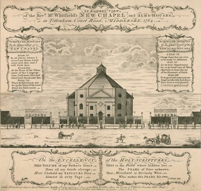 George Whitefields nieuwe Kapel en Almshouses in Tottenham Court Road, Londen, 1764 door English School