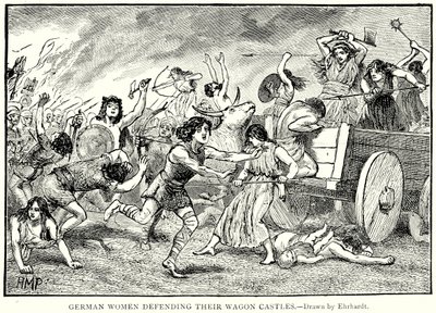 Duitse vrouwen verdedigen hun wagenkastelen (gravure) door English School
