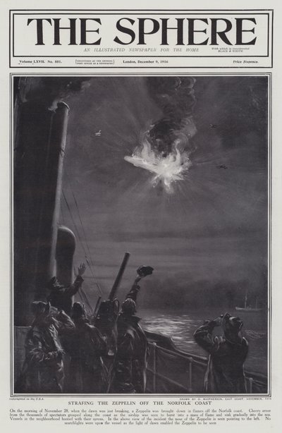 Duitse Zeppelin neergeschoten in vlammen voor de kust van Norfolk, Eerste Wereldoorlog, 28 november 1916 door English School