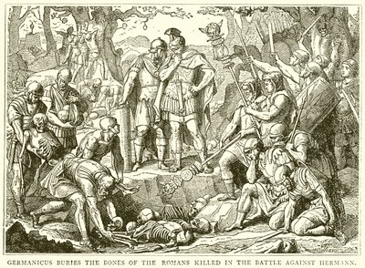 Germanicus begraaft de botten van de Romeinen gedood in de slag tegen Hermann door English School
