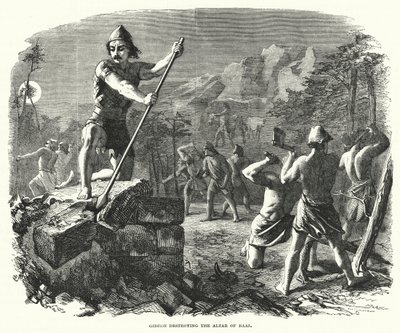 Gideon vernietigt het altaar van Baäl (gravure) door English School