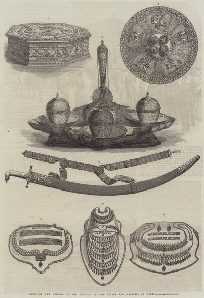Geschenken van de prinsen van de Punjab aan de prins en prinses van Wales (gravure) door English School