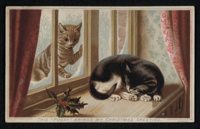 Gemberkat kijkt door een raam naar een andere slapende kat, kerstkaart door English School