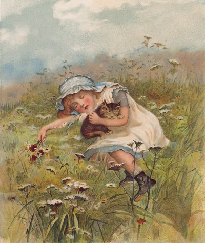 Meisje en een kat slapen in een veld door English School