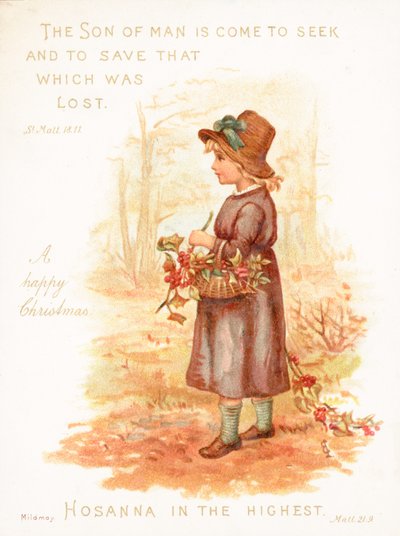 Meisje met mand vol hulst, kerstkaart door English School