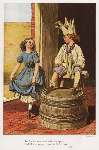 Meisje maakt een reverence voor een jongen die koning speelt (gekleurde gravure) door English School
