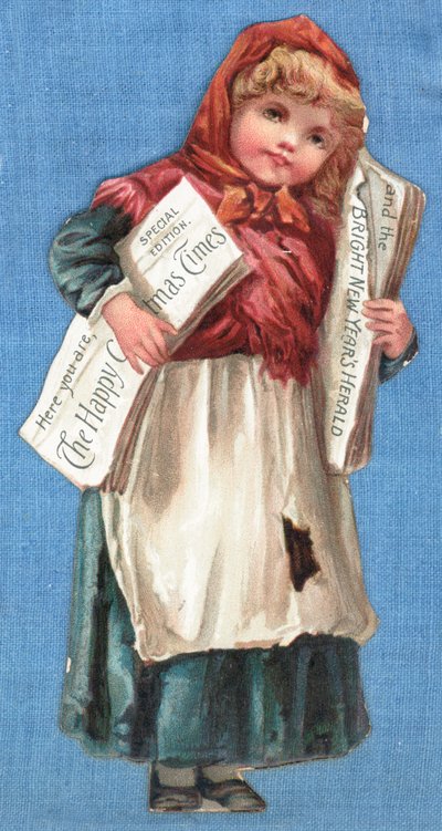 Meisje bezorgt kranten, kerstkaart door English School