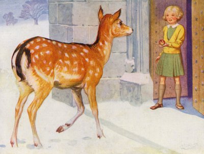 Meisje dat een hert voedt in de sneeuw door English School