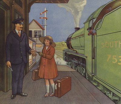 Meisje geeft haar treinkaartje aan de stationschef door English School