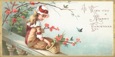 Meisje zittend op brug, kerstkaart door English School