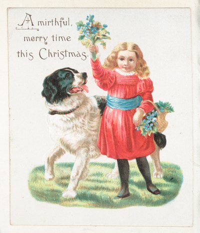 Meisje plaagt hond met bloemen, kerstkaart door English School