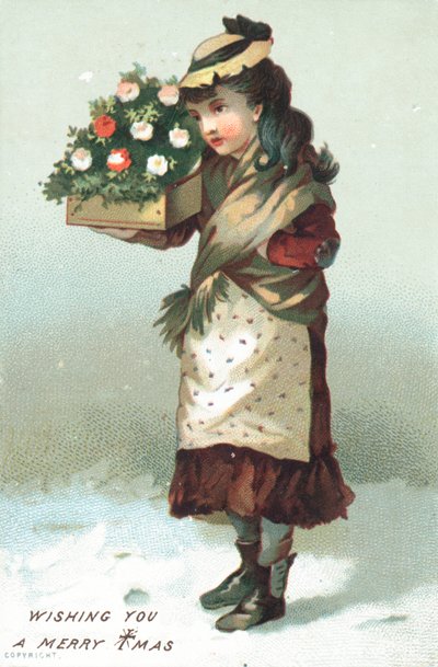 Meisje loopt in de sneeuw met bloemenkist, Kerstkaart door English School
