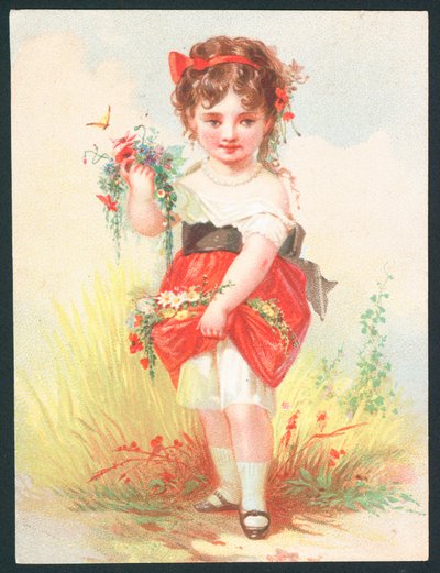 Meisje met bloemen en vlinder - Victoriaanse wenskaart door English School