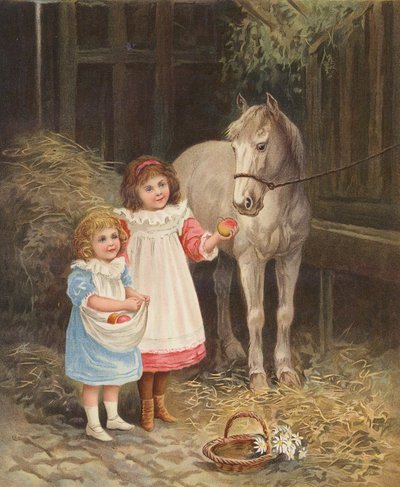 Meisjes voeren appels aan een huisdier paard door English School