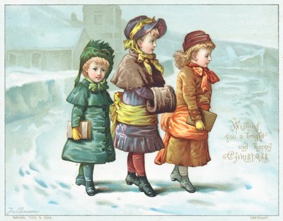Meisjes wandelend in de sneeuw, Kerstkaart door English School