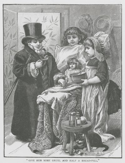 "Geef haar wat pap en een halve pil brood" (gravure) door English School