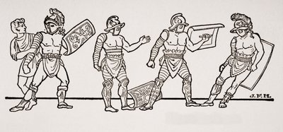 Gladiatoren, uit een muurschildering in Pompeii, illustratie uit The Outline of History door H.G. Wells, Volume I, gepubliceerd in 1820 door English School