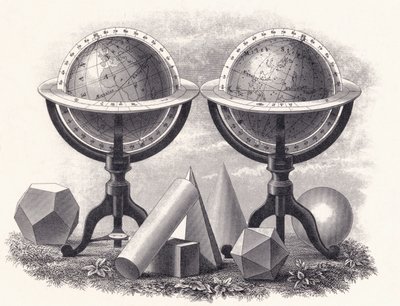 Globes van de aarde en de hemel met geometrische vormen door English School