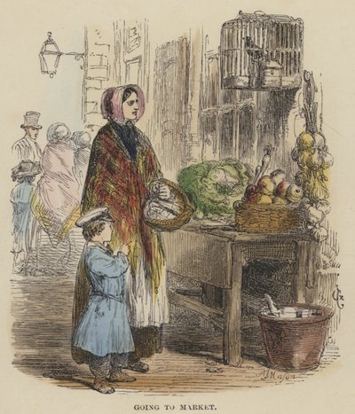 Naar de markt gaan (gekleurde gravure) door English School